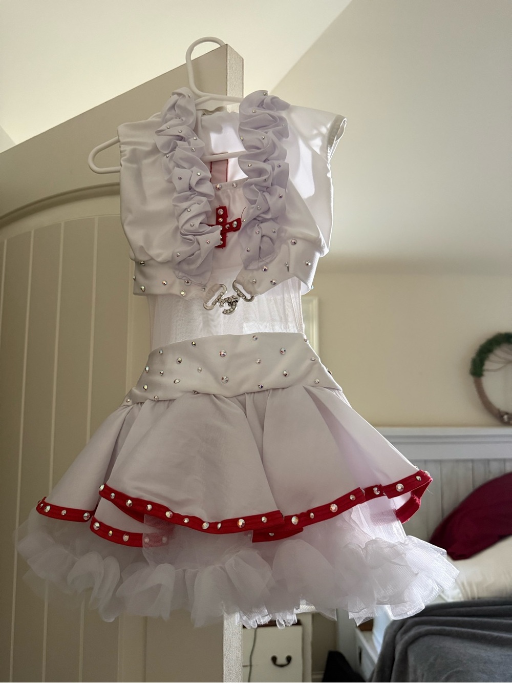 White & Red Kids Nurse Costume Dress with AB crystal rhinestones.